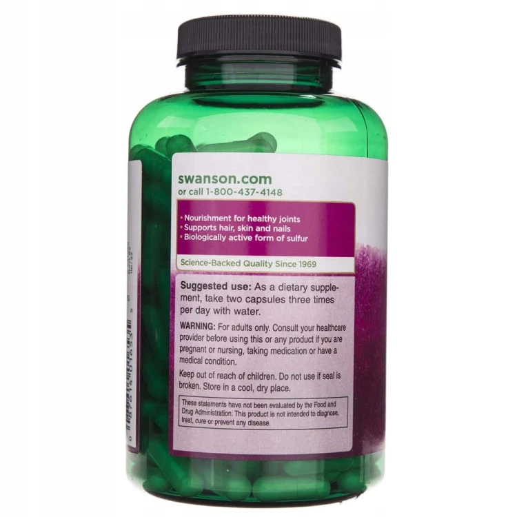 SWANSON MSM siarka organiczna 500 mg 250 kapsułek |ZDROWE STAWY KOŚCI SKÓRA
