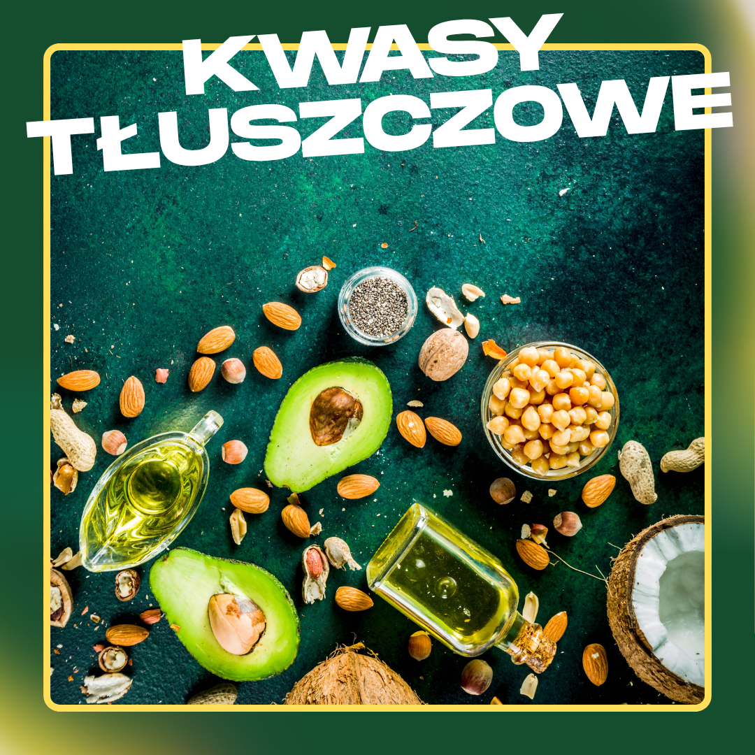 Awokado, orzechy, nasiona i oleje na ciemnym tle z napisem Kwasy tłuszczowe – suplementy Omega 3 6 9 omega369.pl