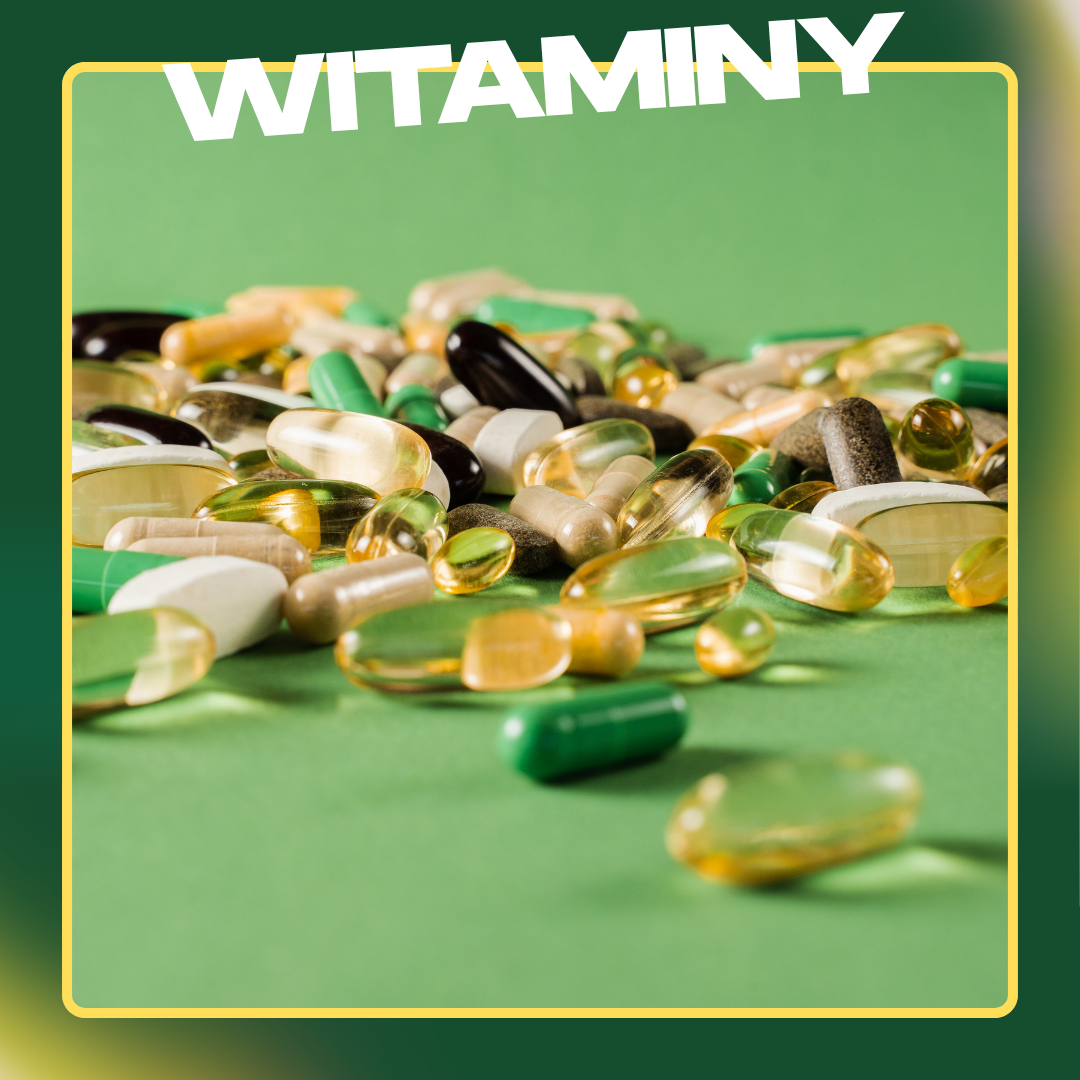 Kolorowe kapsułki i tabletki na zielonym tle z napisem Witaminy – kompleksy witaminowe w sklepie omega369.pl