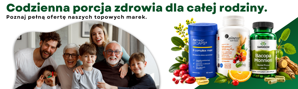 Baner promocyjny z nagłówkiem 'Codzienna porcja zdrowia dla całej rodziny' oraz podtytułem 'Poznaj pełną ofertę naszych topowych marek'. Po lewej stronie znajduje się zdjęcie uśmiechniętej, wielopokoleniowej rodziny w łagodnie zaokrąglonej ramce. Po prawej stronie zaprezentowano zestaw trzech suplementów diety marek ForMeds (B complex max), Aliness (Witamina C 1000 mg Plus) oraz Swanson (Bacopa Monnieri), otoczonych owocami i ziołami.