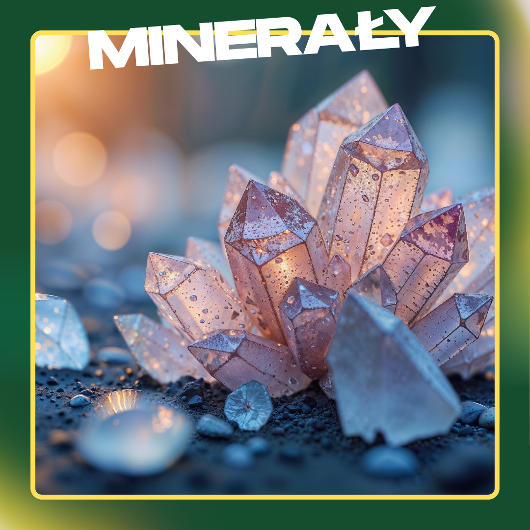 Błyszczące kryształy na ciemnym tle z napisem Minerały – magnez, cynk, selen i minerały w sklepie omega369.pl