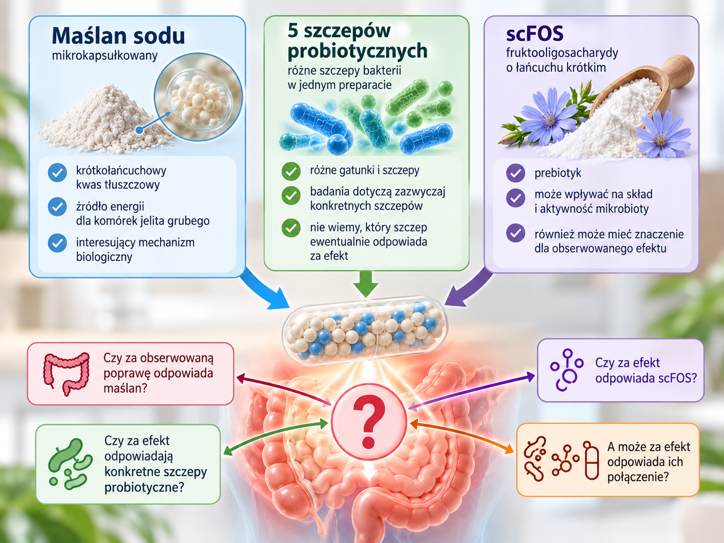 Schemat preparatu badanego w IBS zawierającego maślan sodu, pięć szczepów probiotycznych i scFOS