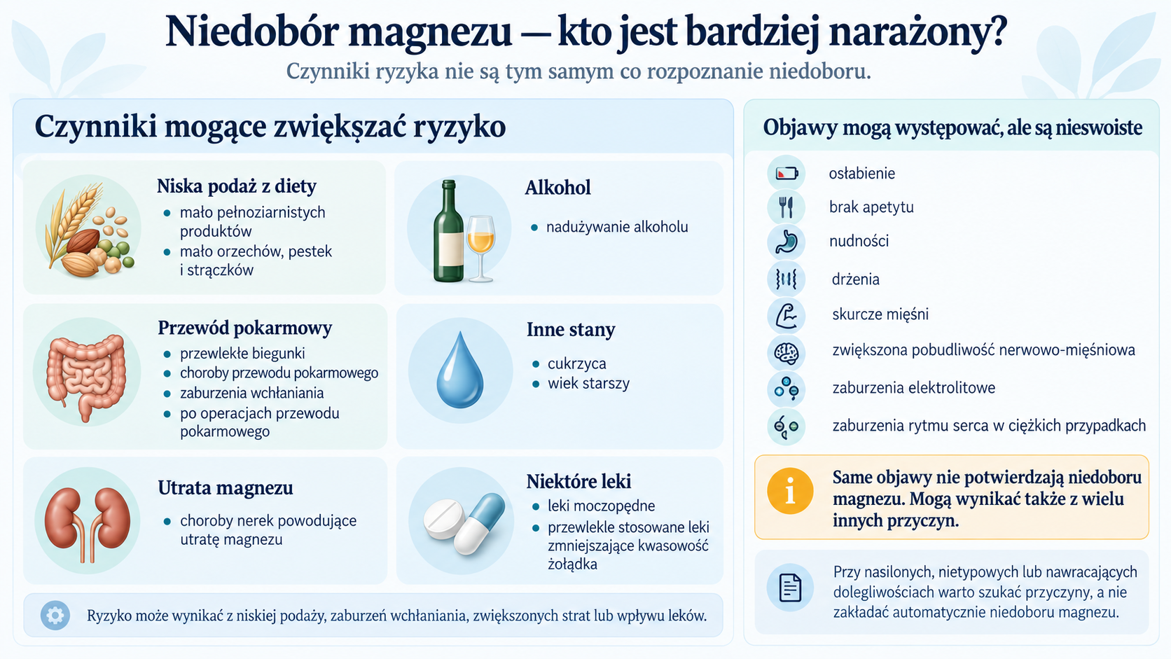 Czynniki mogące zwiększać ryzyko niedoboru magnezu, takie jak niska podaż z diety, choroby przewodu pokarmowego i niektóre leki