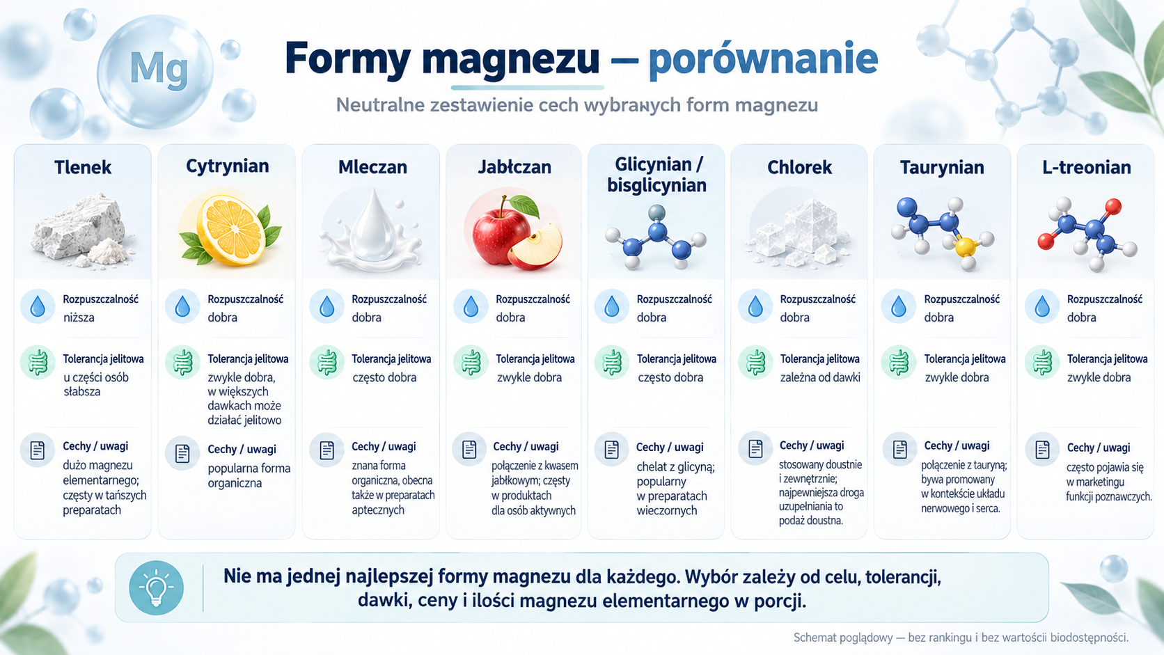 Porównanie form magnezu, w tym cytrynianu, glicynianu, jabłczanu, mleczanu i tlenku