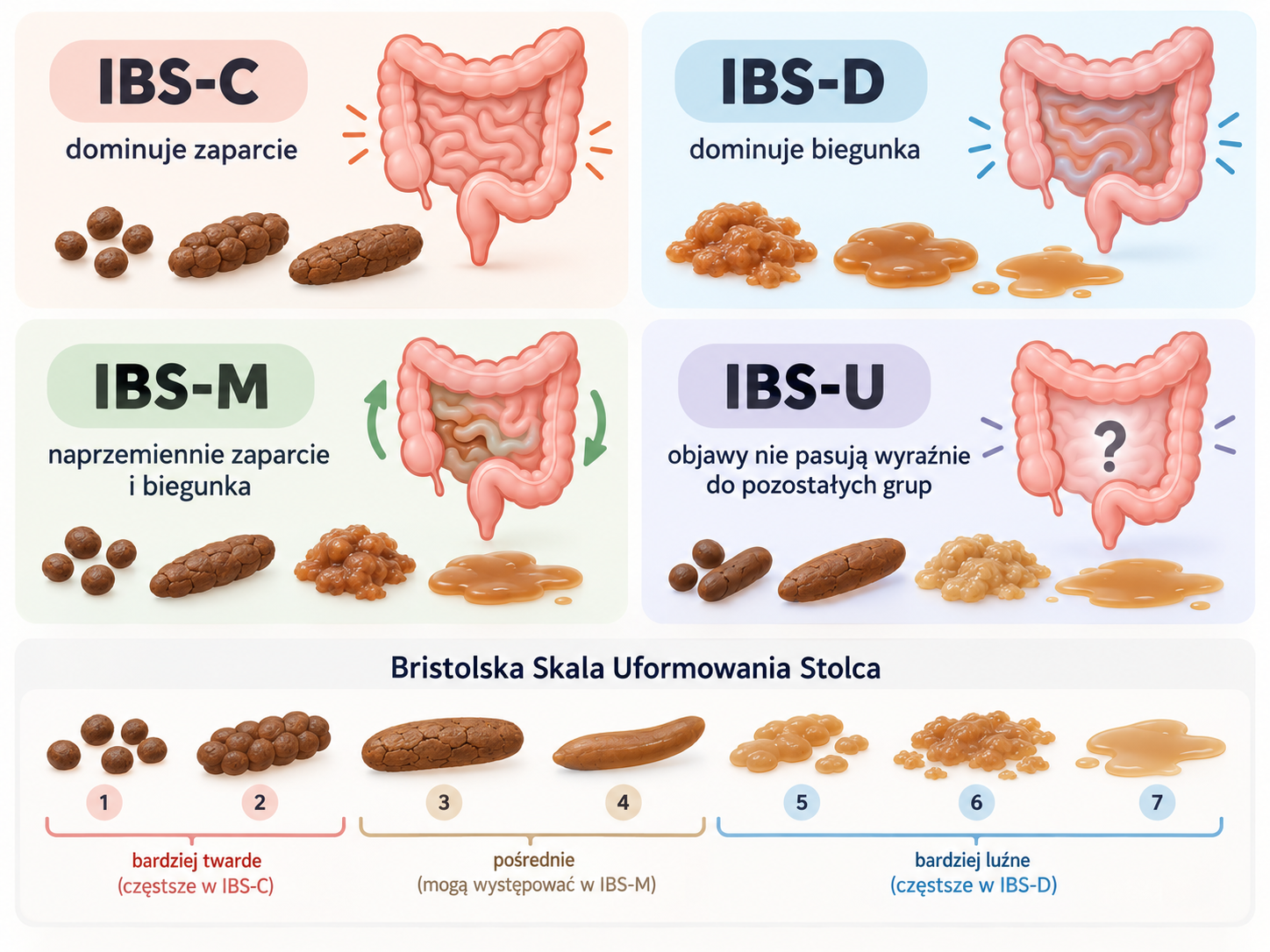 Podział zespołu jelita drażliwego na IBS-C, IBS-D, IBS-M i IBS-U w odniesieniu do konsystencji stolca
