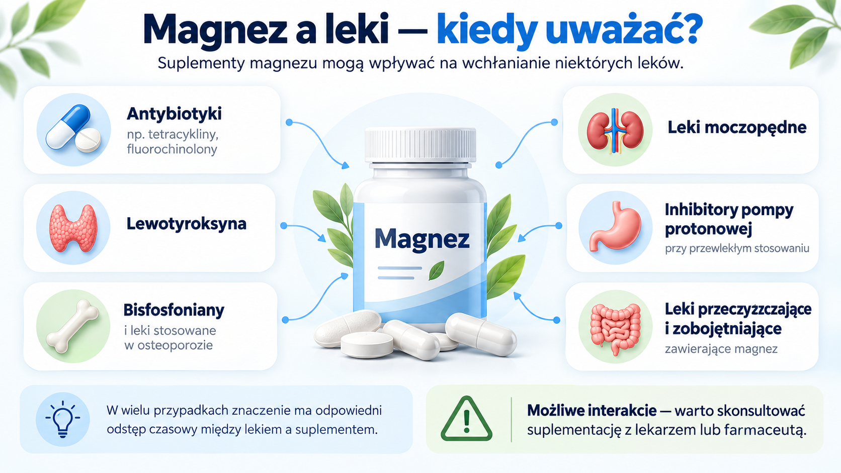 Schemat możliwych interakcji suplementów magnezu z wybranymi lekami, w tym antybiotykami i lewotyroksyną