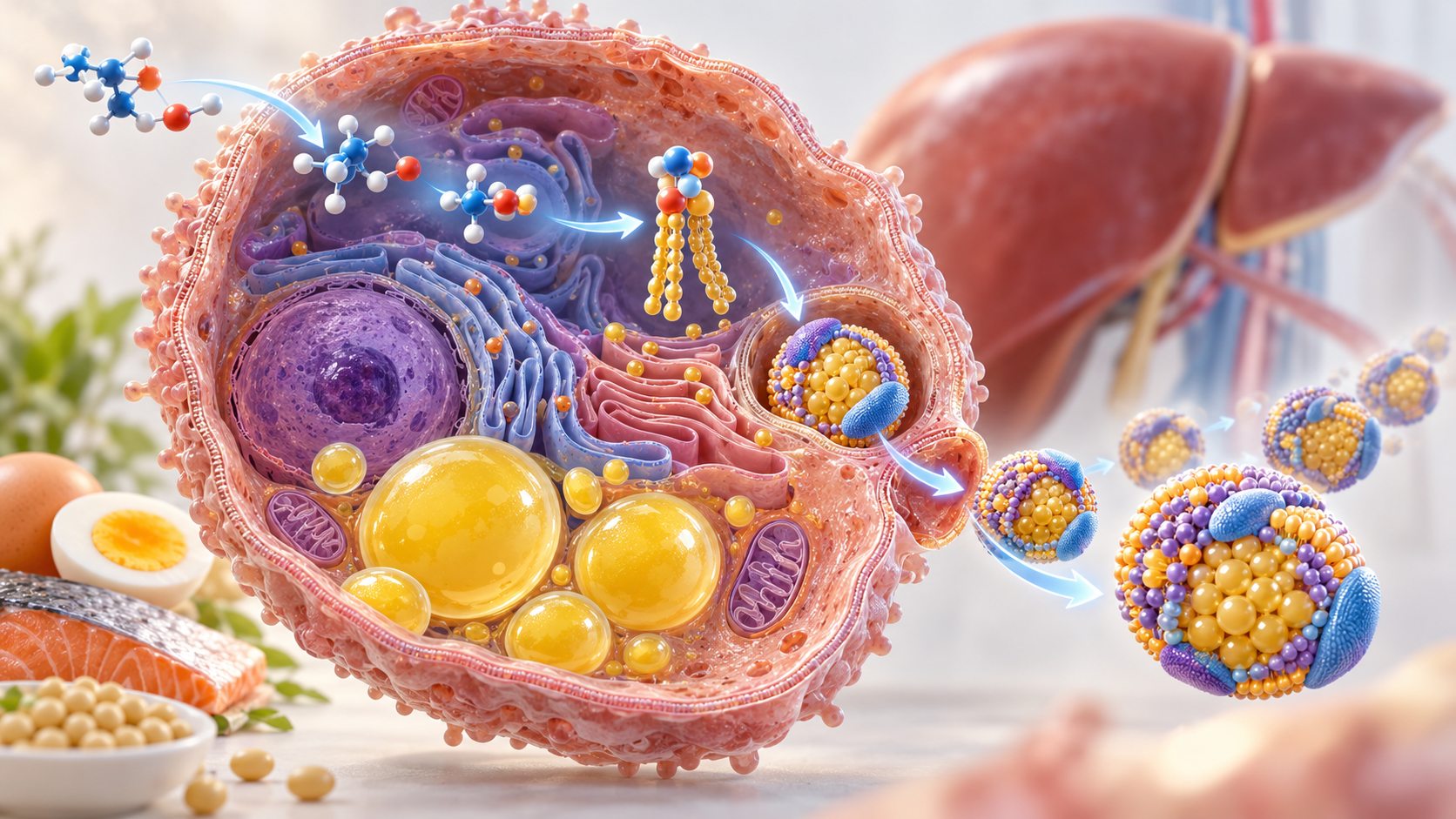 Schemat roli choliny w tworzeniu fosfatydylocholiny i lipoprotein transportujących triglicerydy z wątroby.