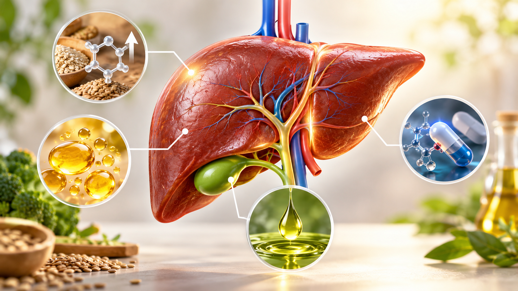 Anatomiczny model wątroby z symbolami metabolizmu glukozy i tłuszczów, produkcji żółci oraz przetwarzania leków i innych substancji.