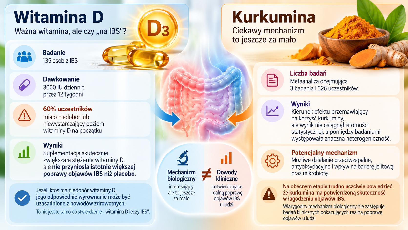 Witamina D i kurkumina jako przykłady różnicy między mechanizmem biologicznym a potwierdzoną poprawą objawów IBS