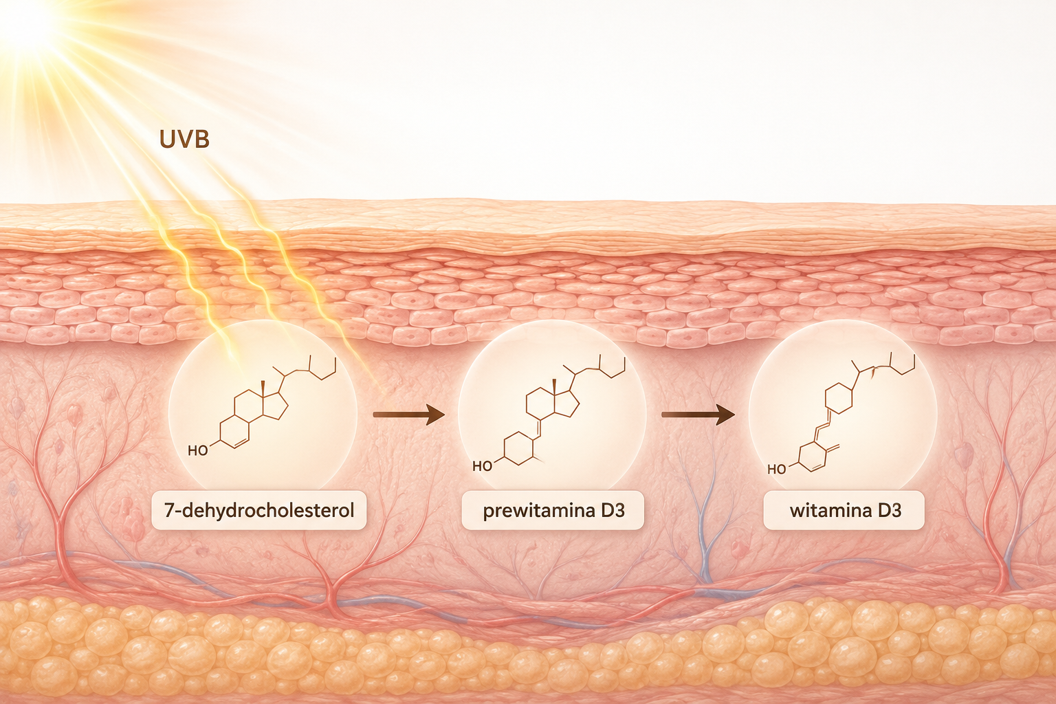 Schemat powstawania witaminy D3 w skórze pod wpływem promieniowania UVB Brief: neutralny schemat pokazujący promieniowanie UVB, skórę, 7-dehydrocholesterol, prewitaminę D3 i witaminę D3.
