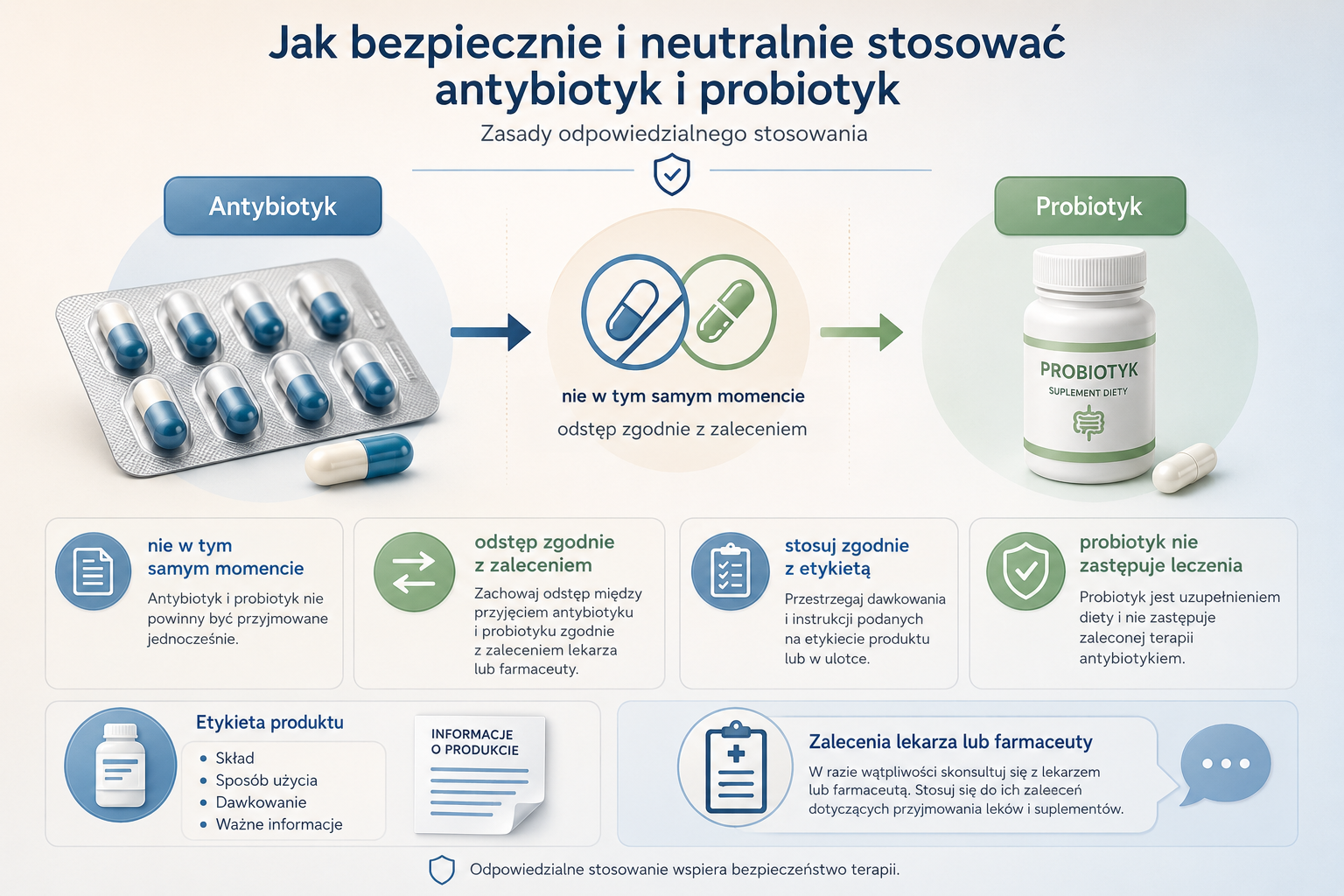Schemat stosowania antybiotyku i probiotyku zgodnie z informacją dla konkretnego produktu