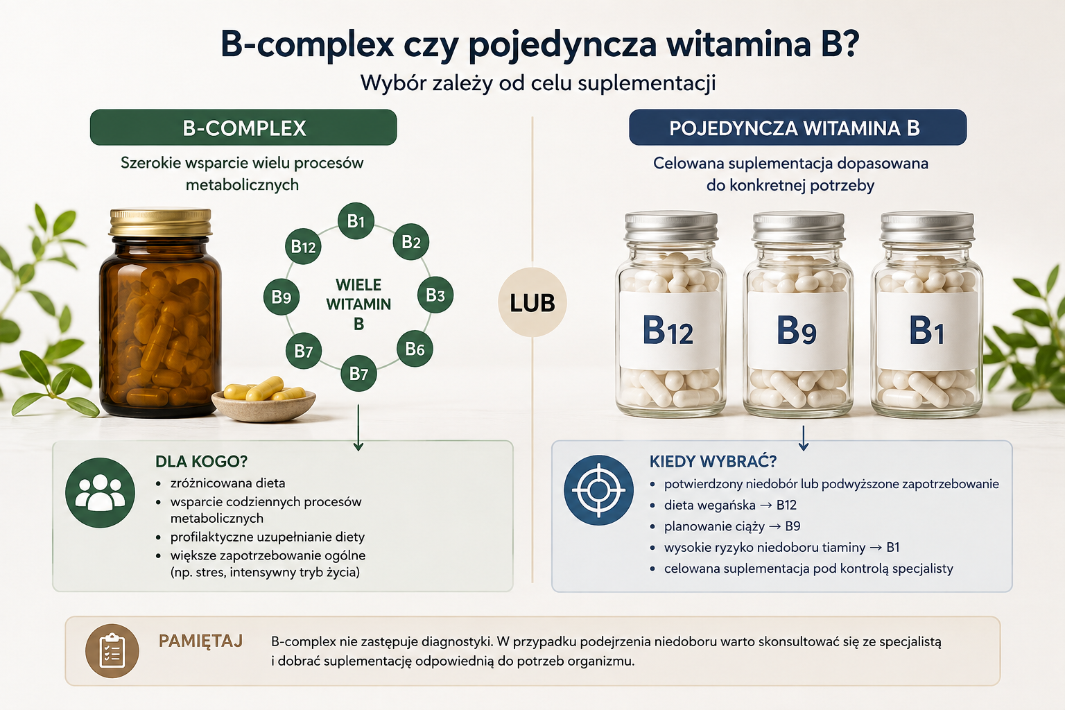 Porównanie B-complex i pojedynczej witaminy B w zależności od celu suplementacji