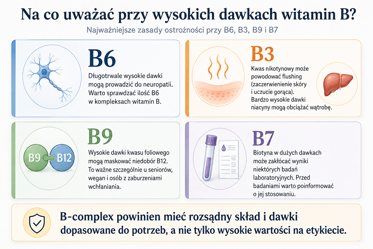 Najważniejsze zasady ostrożności przy wysokich dawkach witamin B6, B3, B9 i biotyny