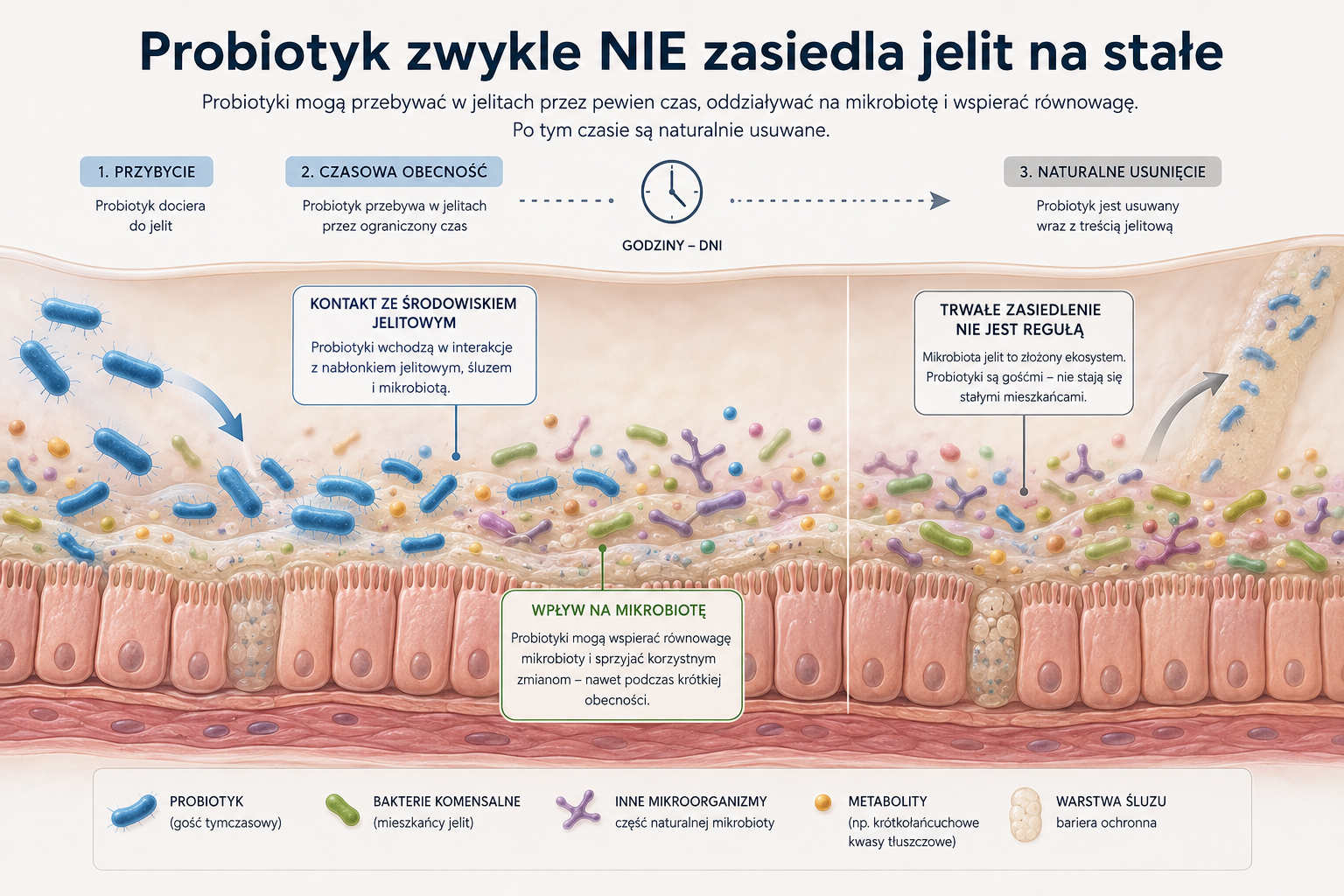 Porównanie czasowej obecności probiotyku w jelitach z trwałym zasiedleniem mikrobioty
