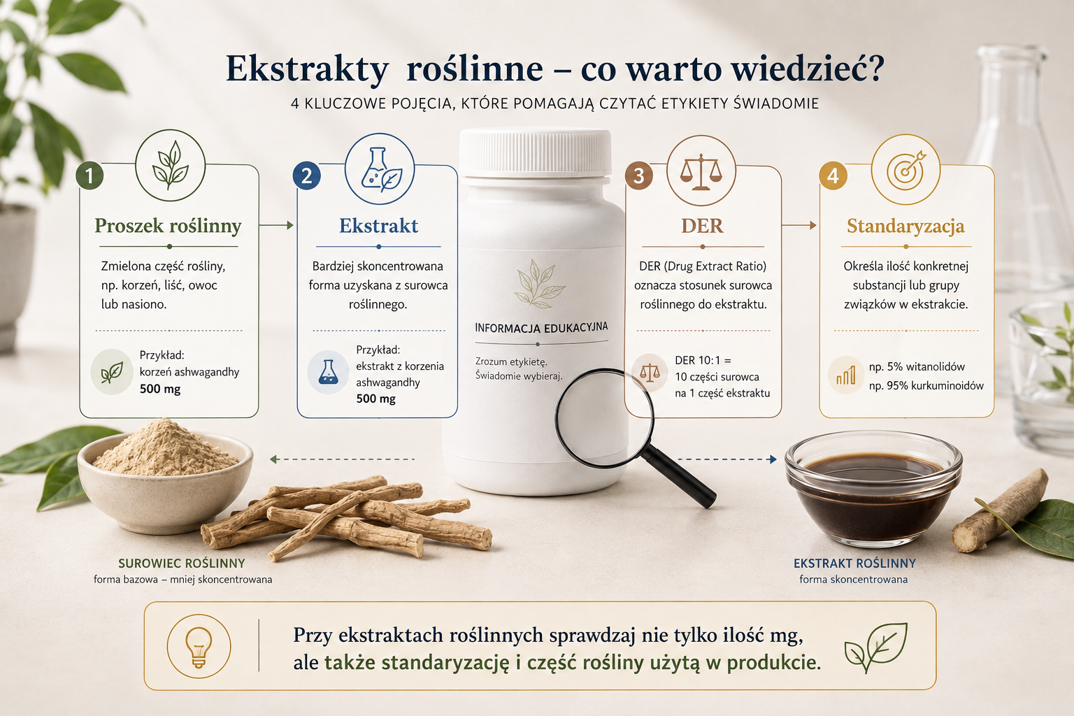 Schemat wyjaśniający proszek roślinny, ekstrakt, DER oraz standaryzację ekstraktu