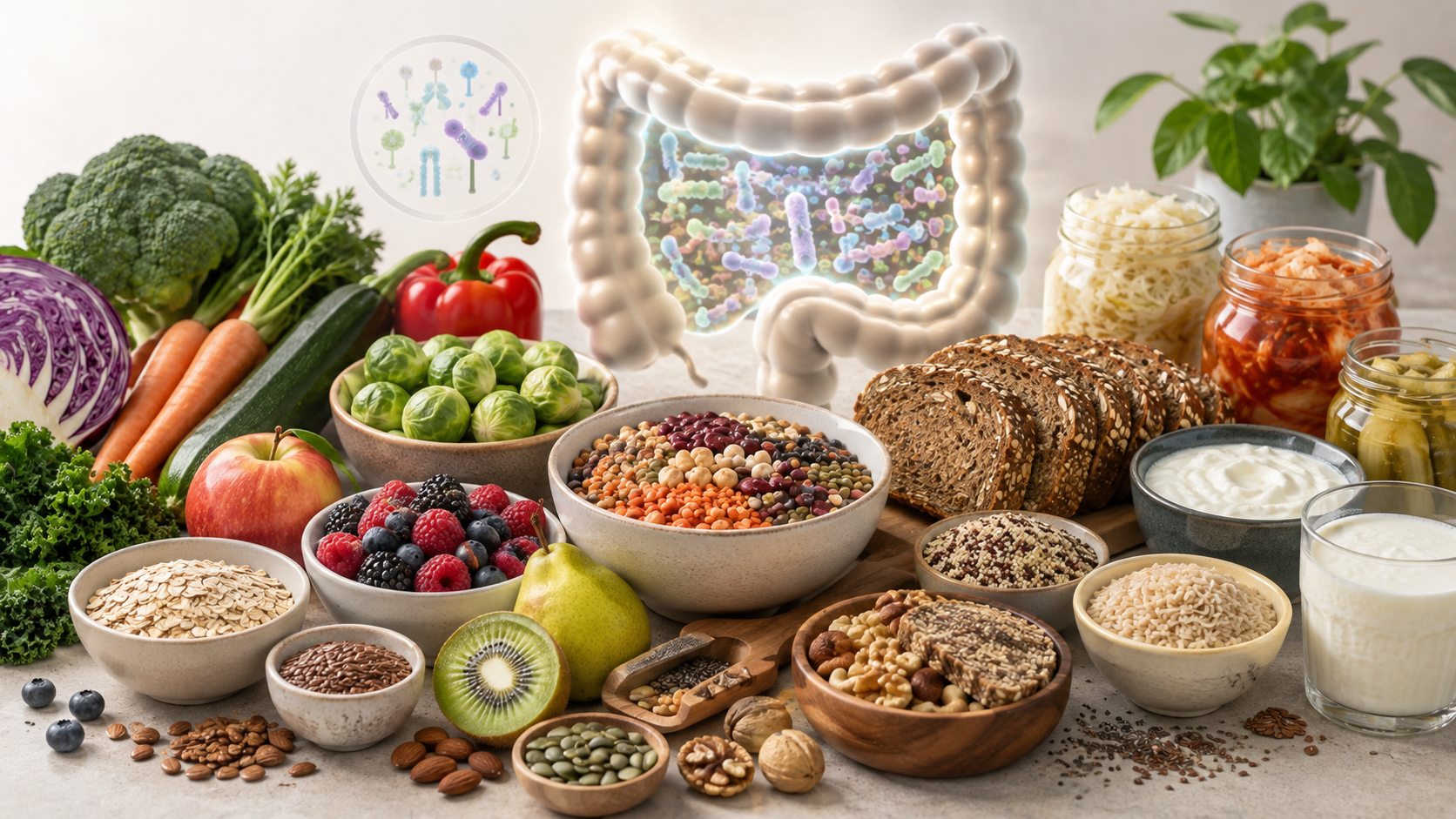 Wizualizacja produktow dietetycznych, wrzyw i owoców wsperających mikrobiom.