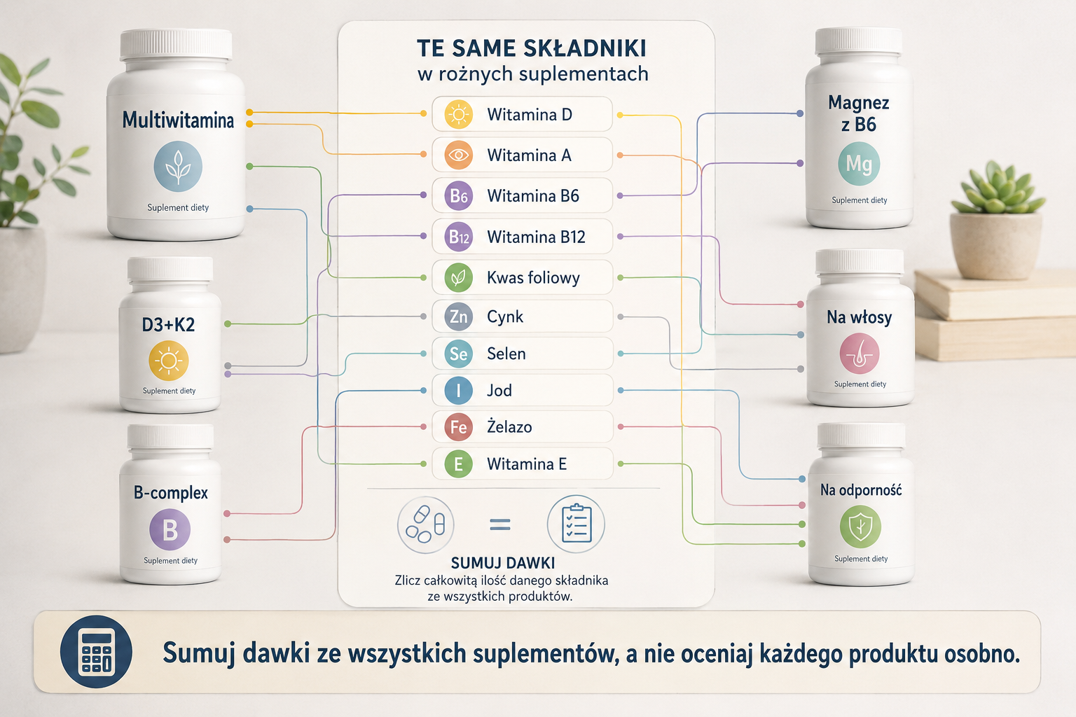 Kilka suplementów zawierających powtarzające się witaminy i minerały wymagające zsumowania dawek
