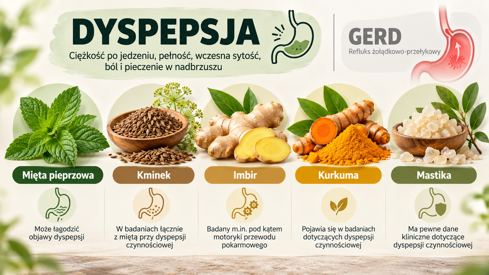 Mięta, kminek, imbir, kurkuma i mastika omawiane w badaniach dotyczących dyspepsji