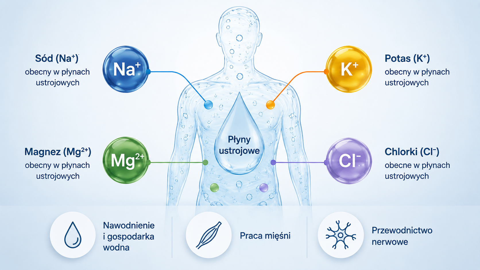 Sód, potas, magnez i chlorki jako elektrolity obecne w płynach ustrojowych
