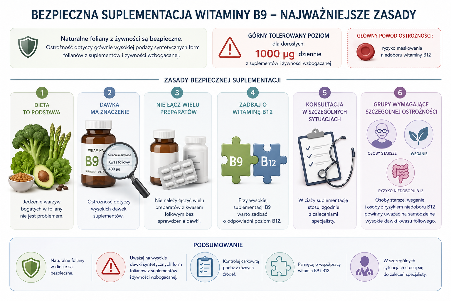 Najważniejsze zasady bezpieczeństwa przy suplementacji witaminy B9