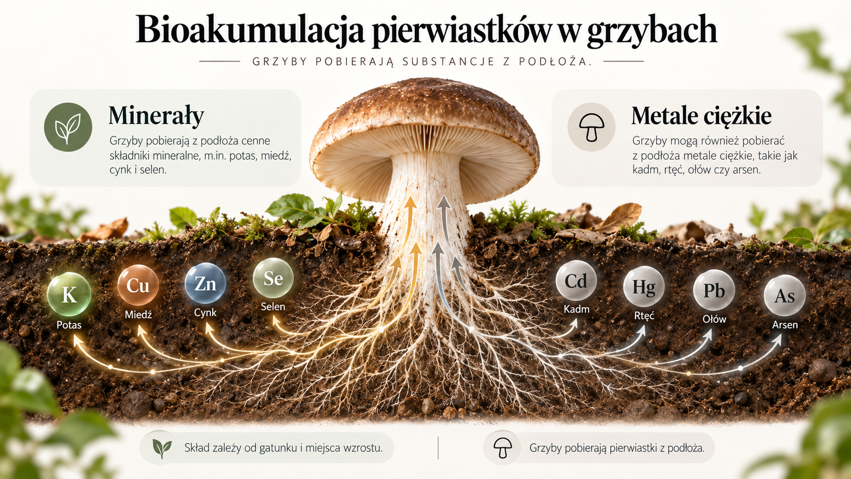 Schemat bioakumulacji minerałów i metali ciężkich przez grzyby z gleby