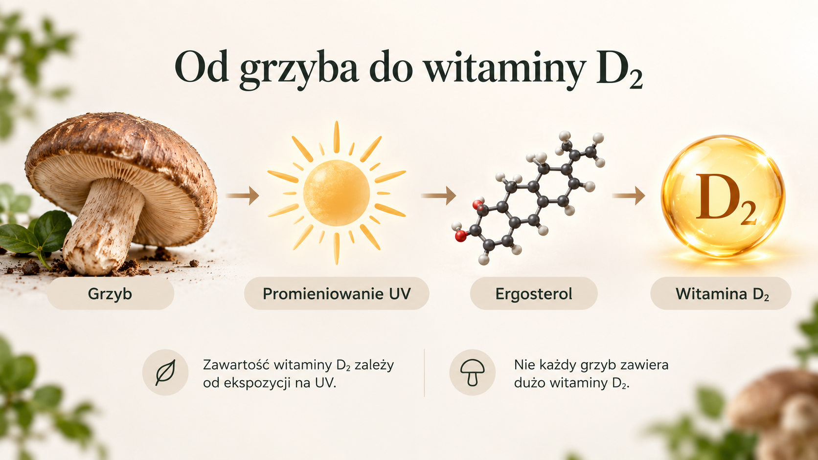 Schemat przemiany ergosterolu w witaminę D₂ w grzybach pod wpływem promieniowania UV