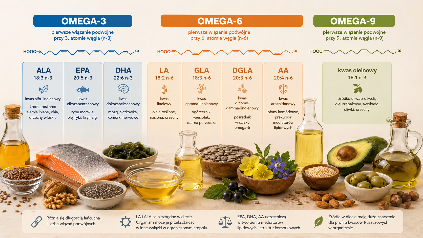 Schemat porównujący ALA, EPA, DHA, LA, GLA, kwas arachidonowy i kwas oleinowy w rodzinach omega-3, omega-6 i omega-9