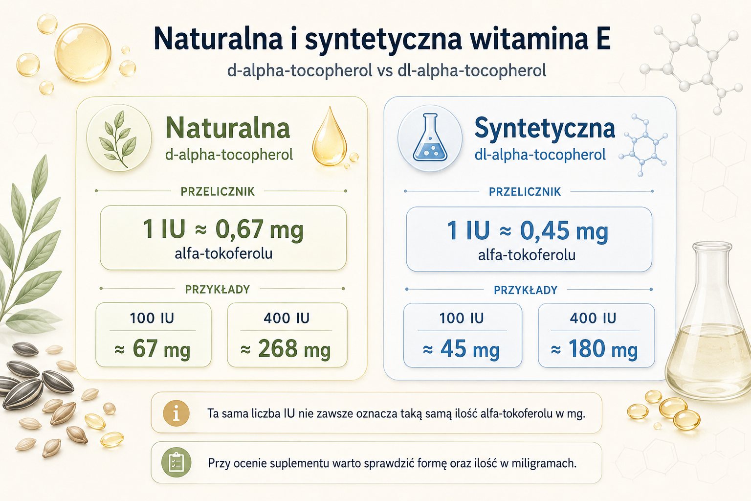 Porównanie naturalnej i syntetycznej witaminy E oraz przeliczenia IU na miligramy alfa-tokoferolu