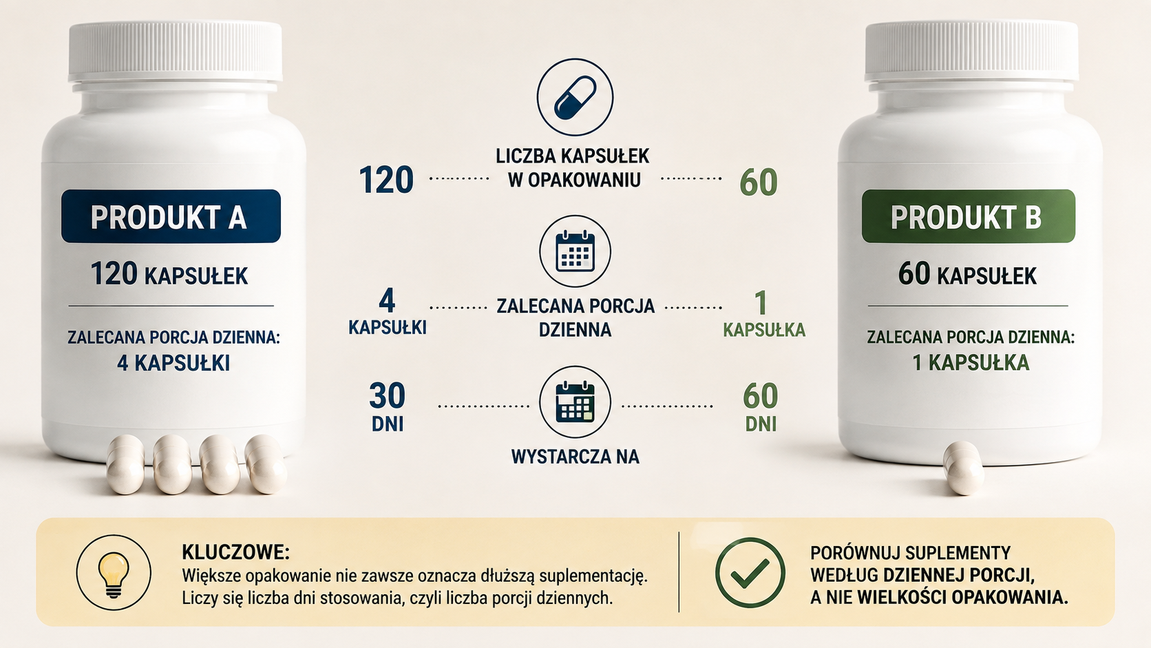 Porównanie liczby kapsułek w opakowaniu z liczbą dziennych porcji suplementu
