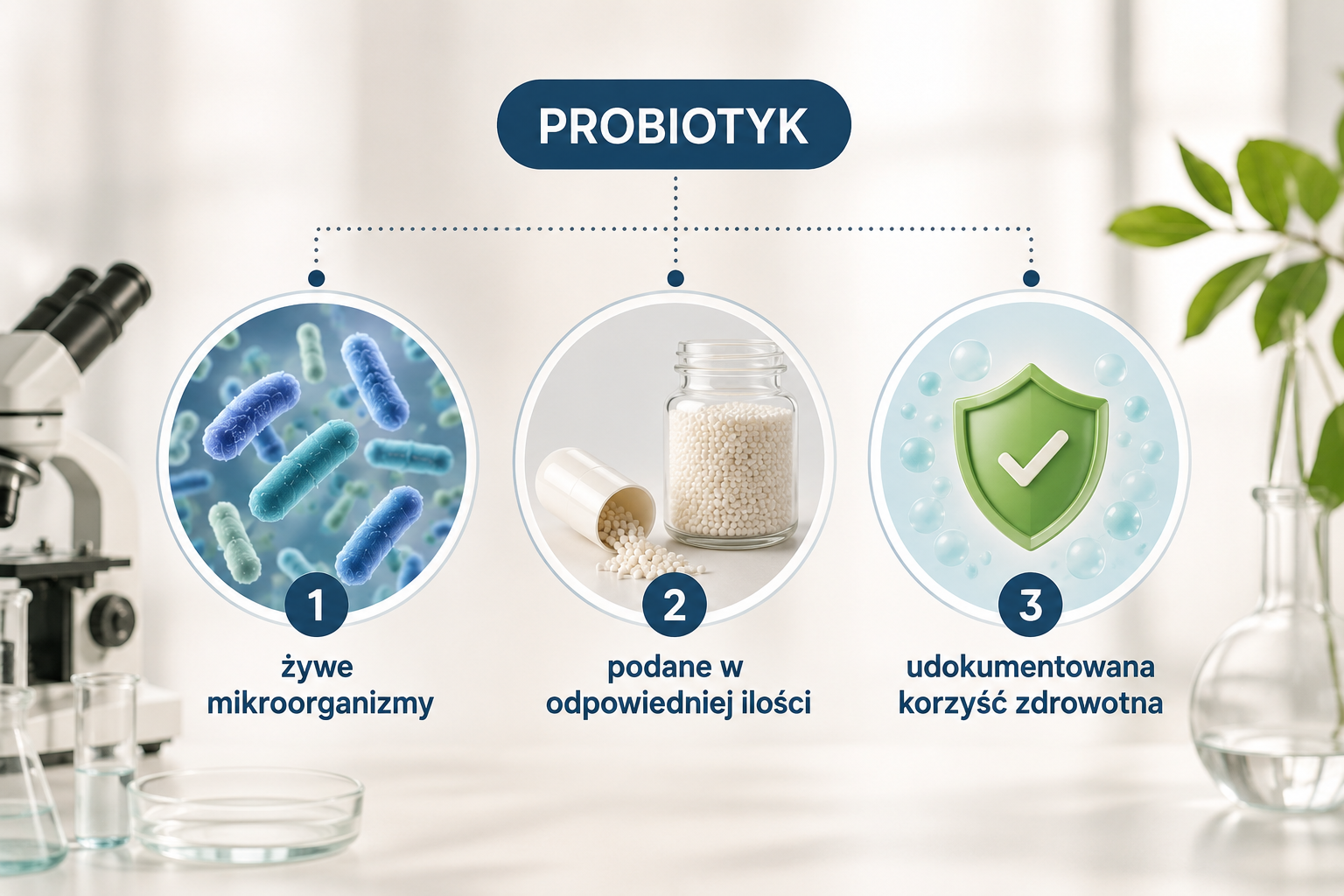 Trzy warunki naukowej definicji probiotyku: żywe mikroorganizmy, odpowiednia ilość i udokumentowana korzyść