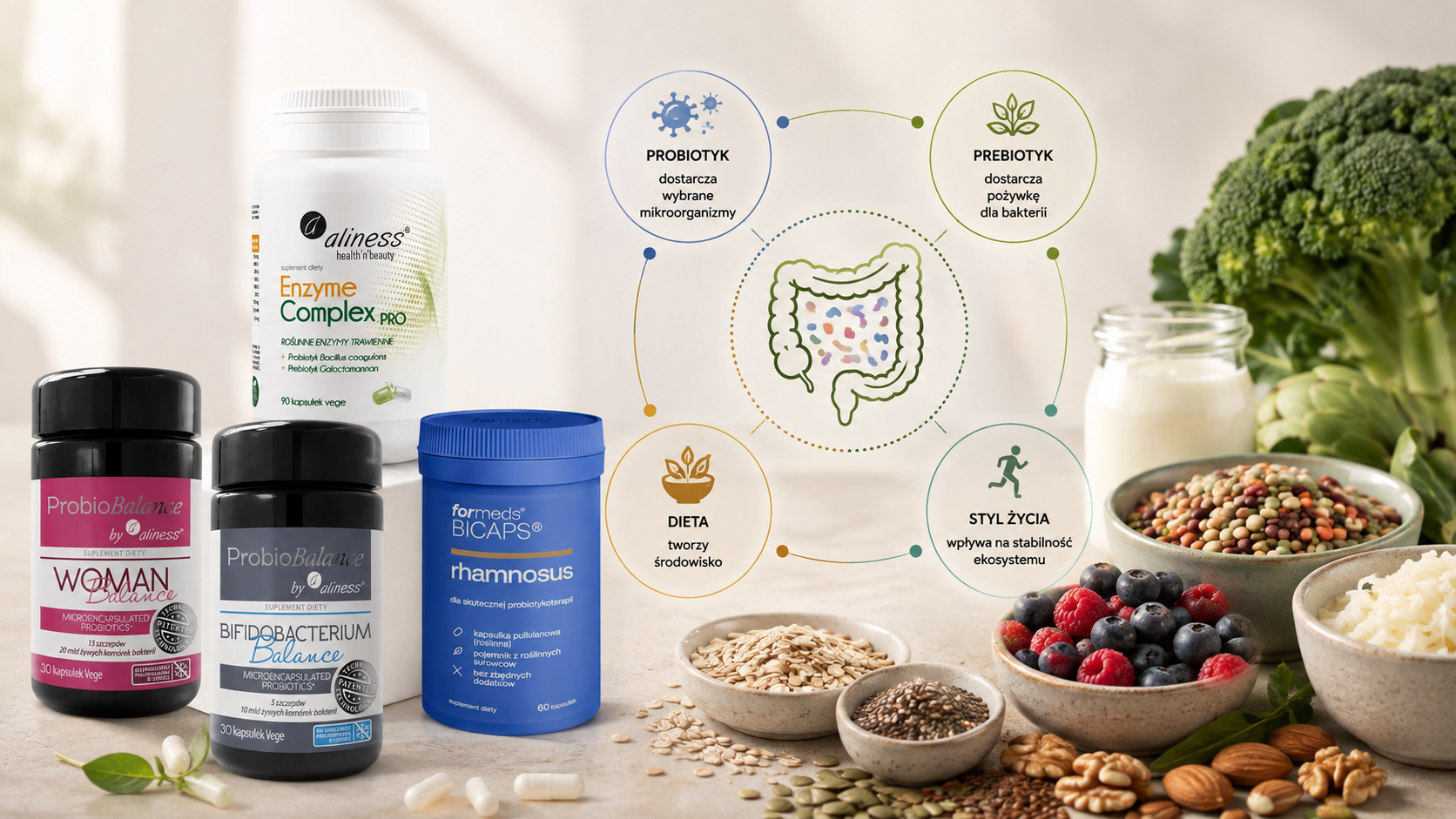 Cztery suplementy probiotyczne na tle jelita z mikrobiotą oraz produktów bogatych w błonnik i żywności fermentowanej.