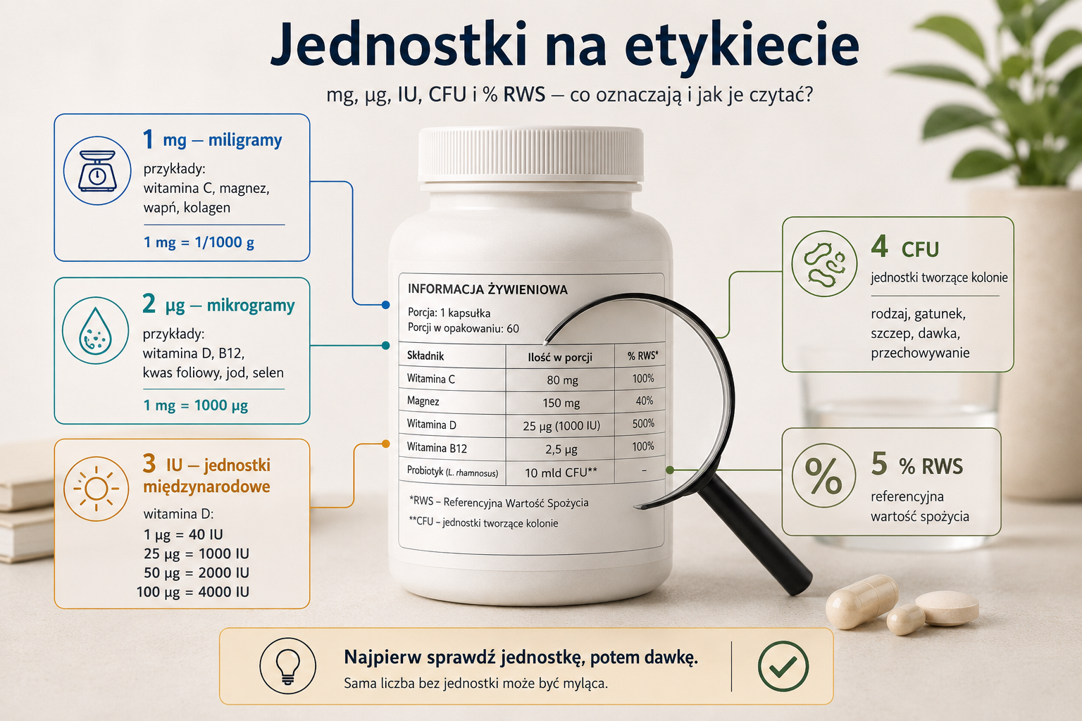 Porównanie oznaczeń RWS oraz jednostek mg, µg, IU i CFU stosowanych na etykietach suplementów