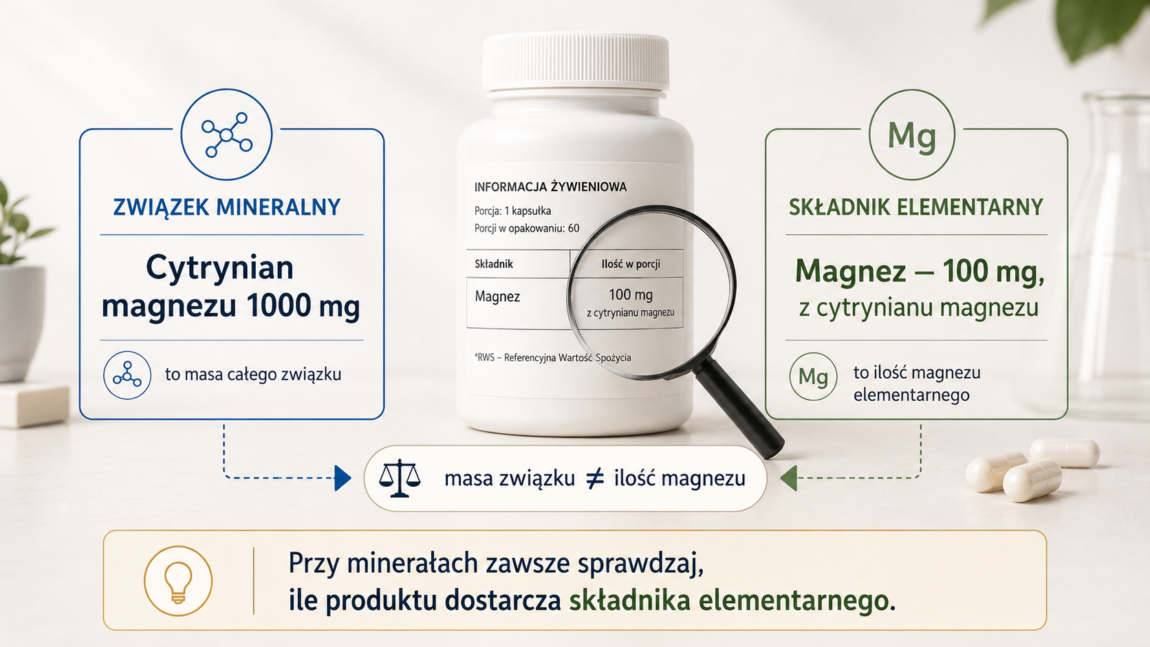 Różnica między masą związku mineralnego a ilością składnika elementarnego na przykładzie magnezu