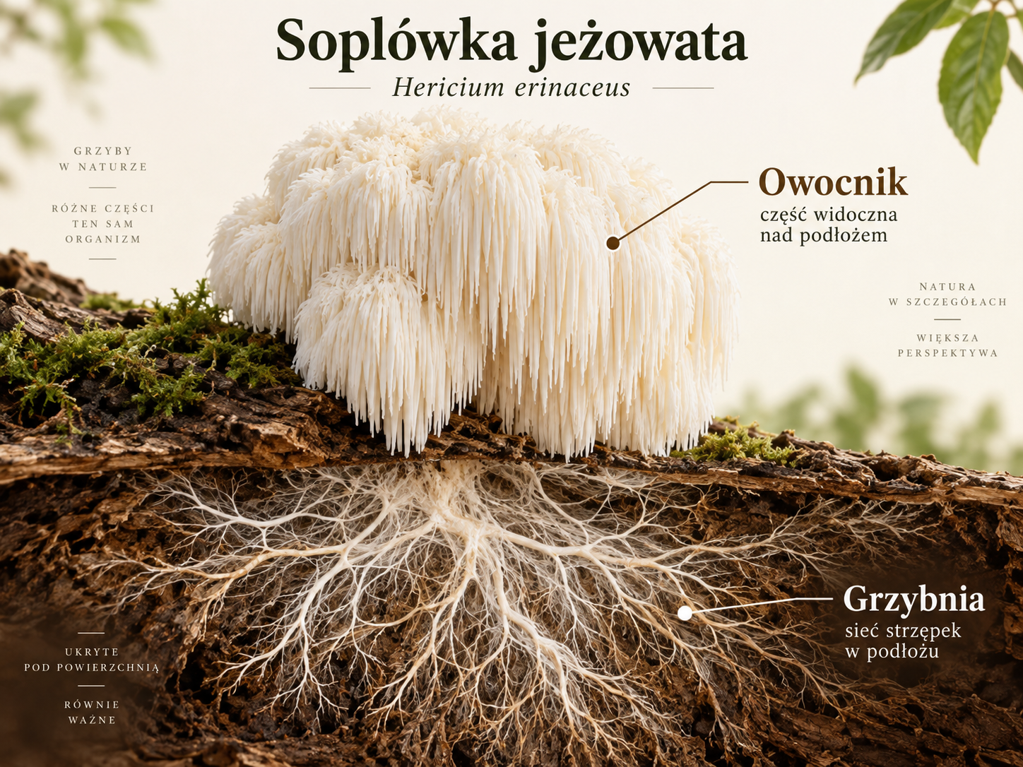 Soplówka jeżowata z zaznaczonym owocnikiem i grzybnią