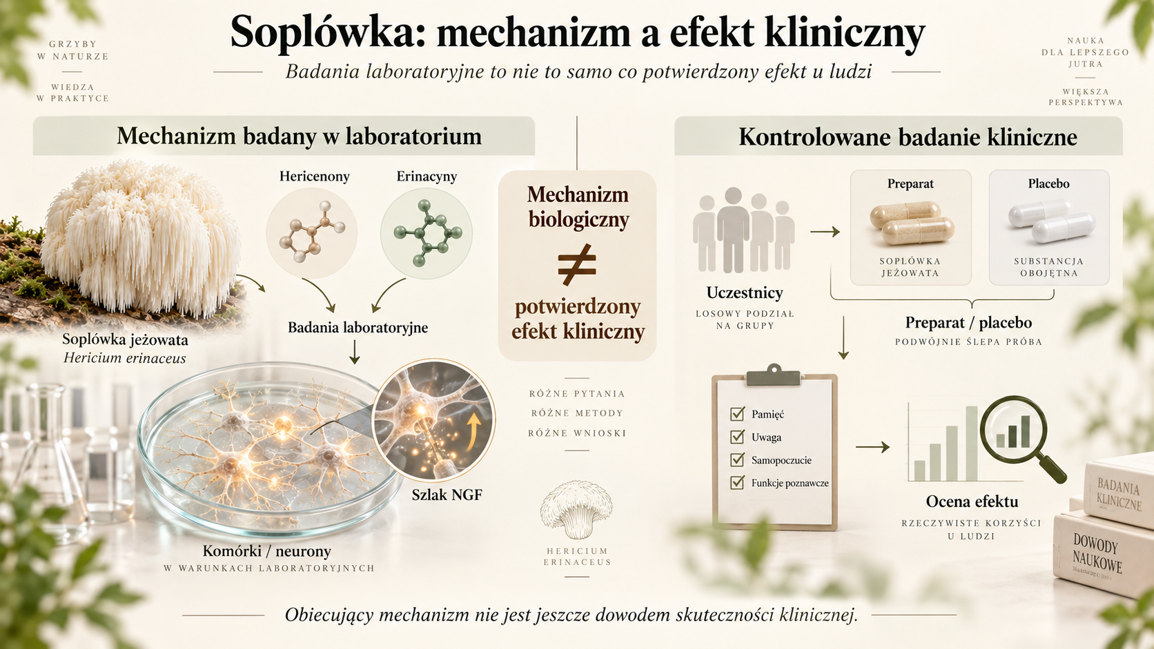 Schemat pokazujący różnicę między mechanizmem badanym w laboratorium a efektem klinicznym Lion’s Mane