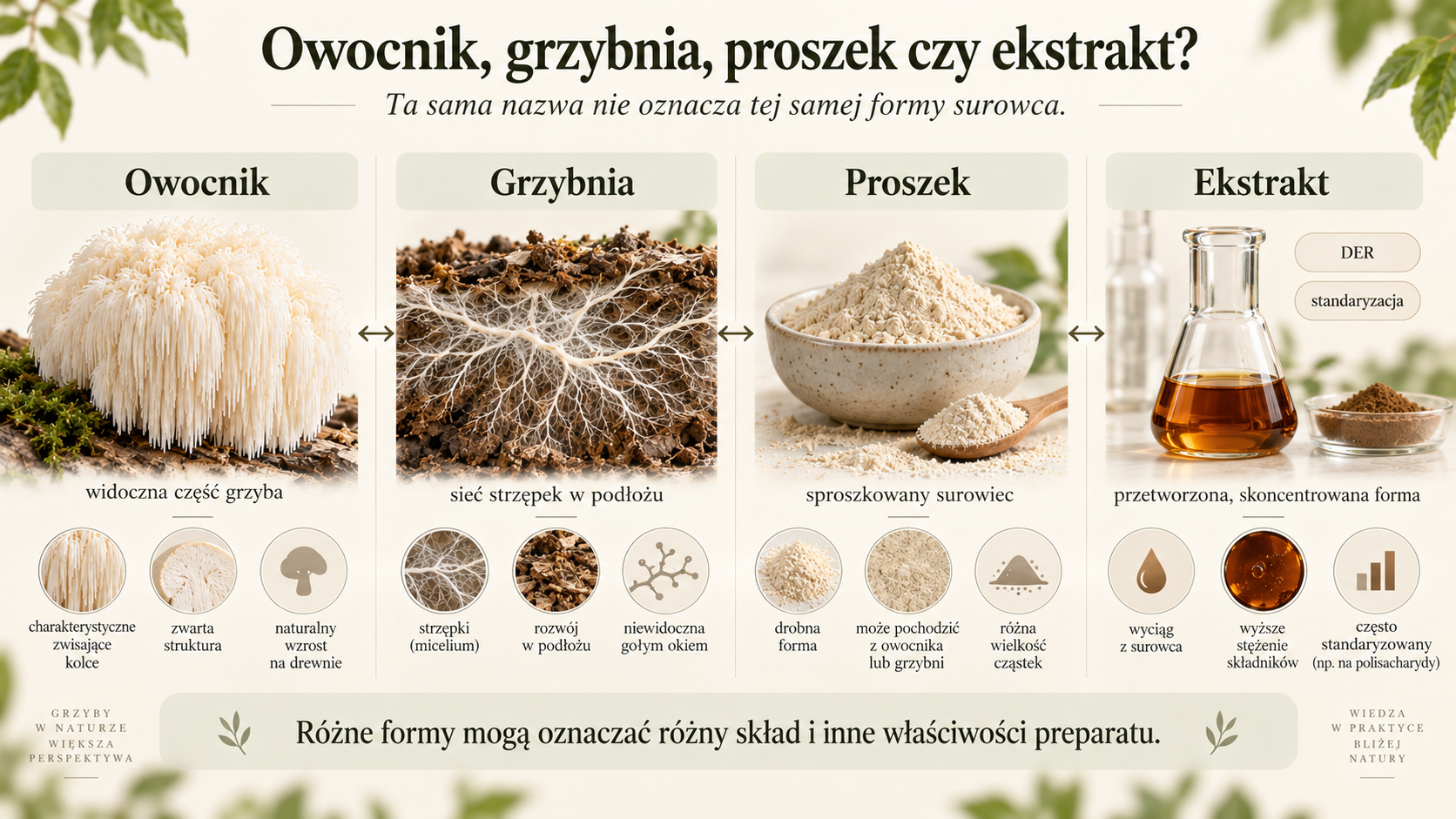 Porównanie owocnika, grzybni, proszku i ekstraktu z soplówki jeżowatej