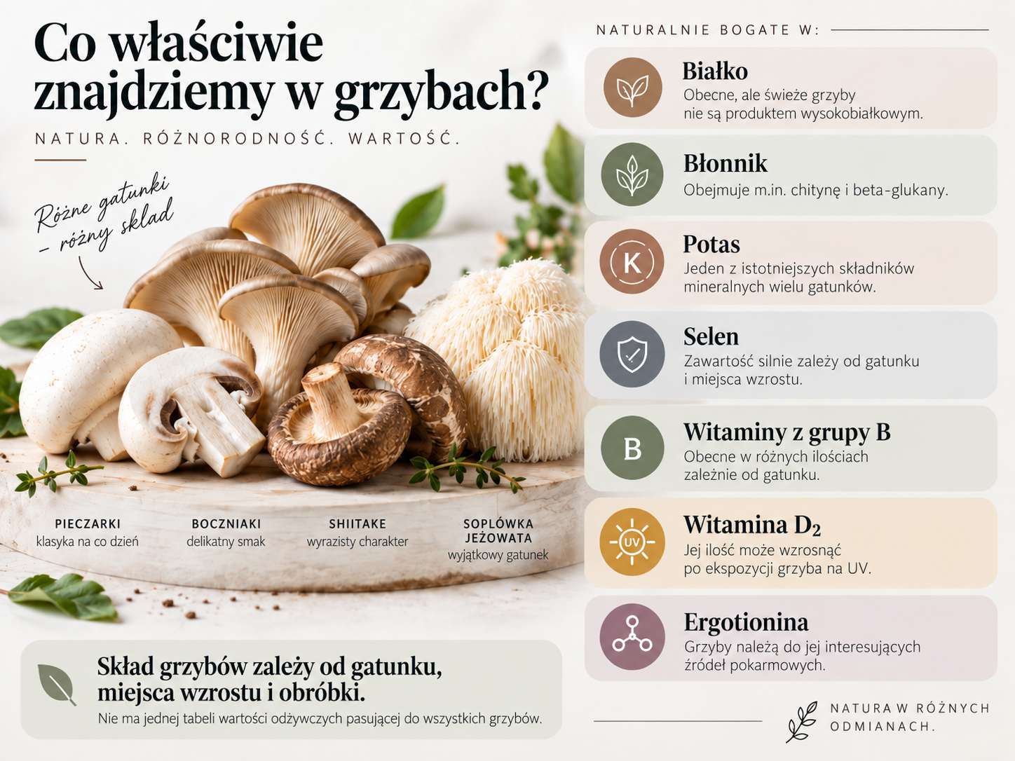 Infografika przedstawiająca białko, błonnik, potas, selen, witaminy z grupy B, witaminę D₂ i ergotioninę w grzybach
