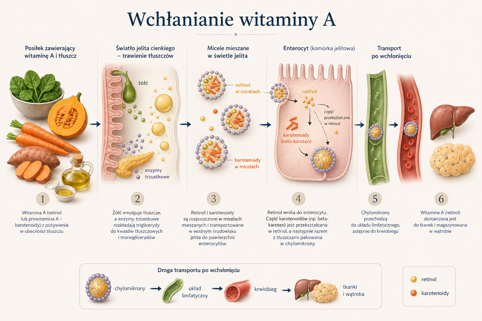 Schemat wchłaniania witaminy A z udziałem tłuszczu, miceli i chylomikronów