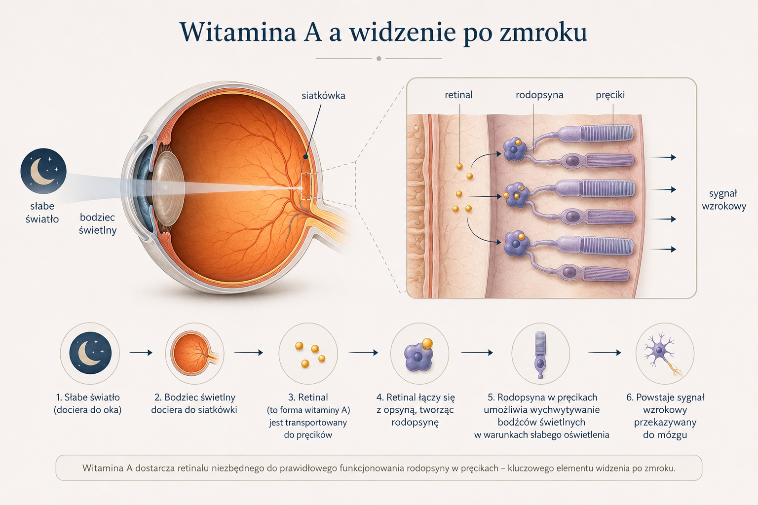 Schemat udziału retinalu i rodopsyny w procesie widzenia po zmroku