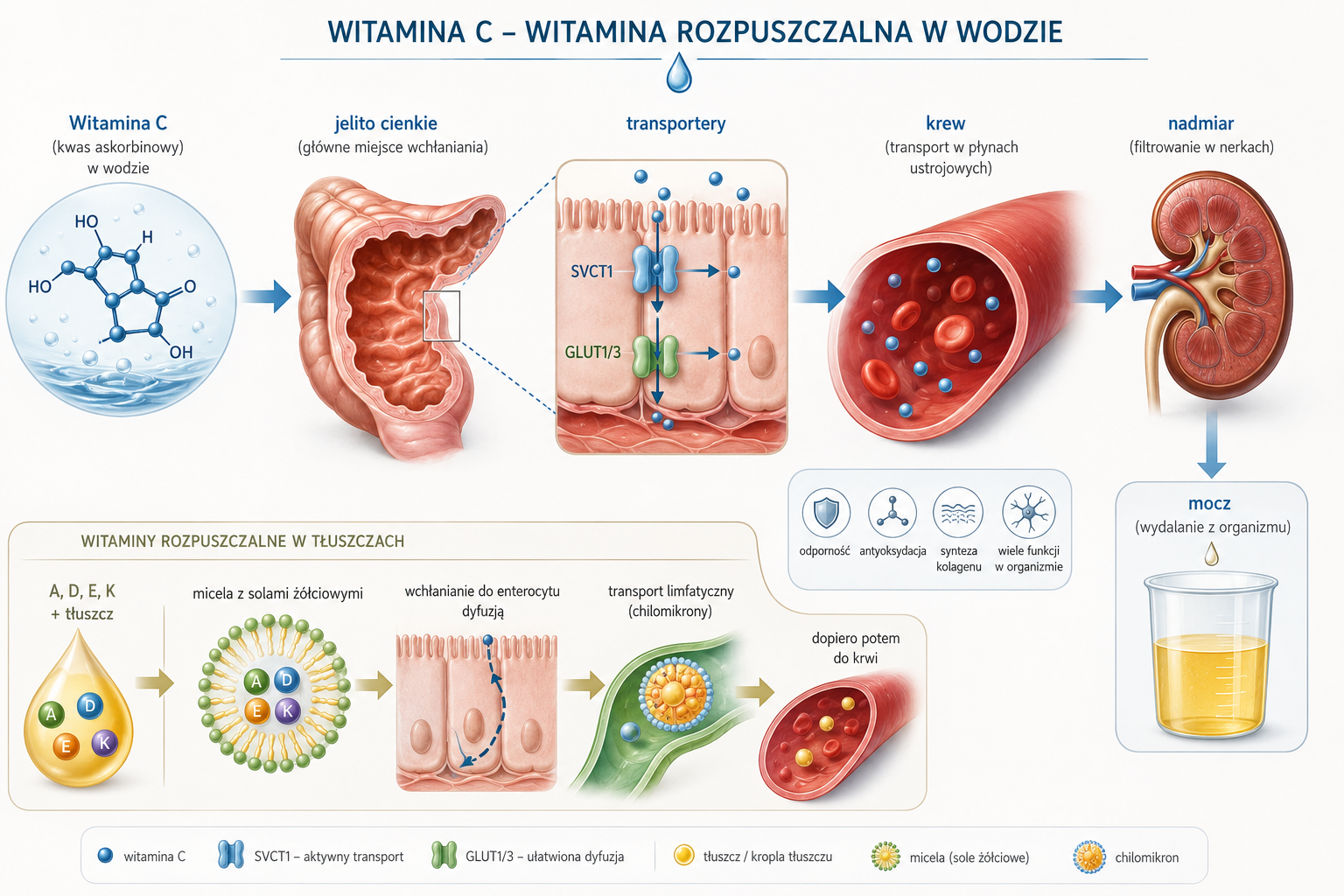 Schemat pokazujący witaminę C jako witaminę rozpuszczalną w wodzie i jej drogę od jelita do krwi