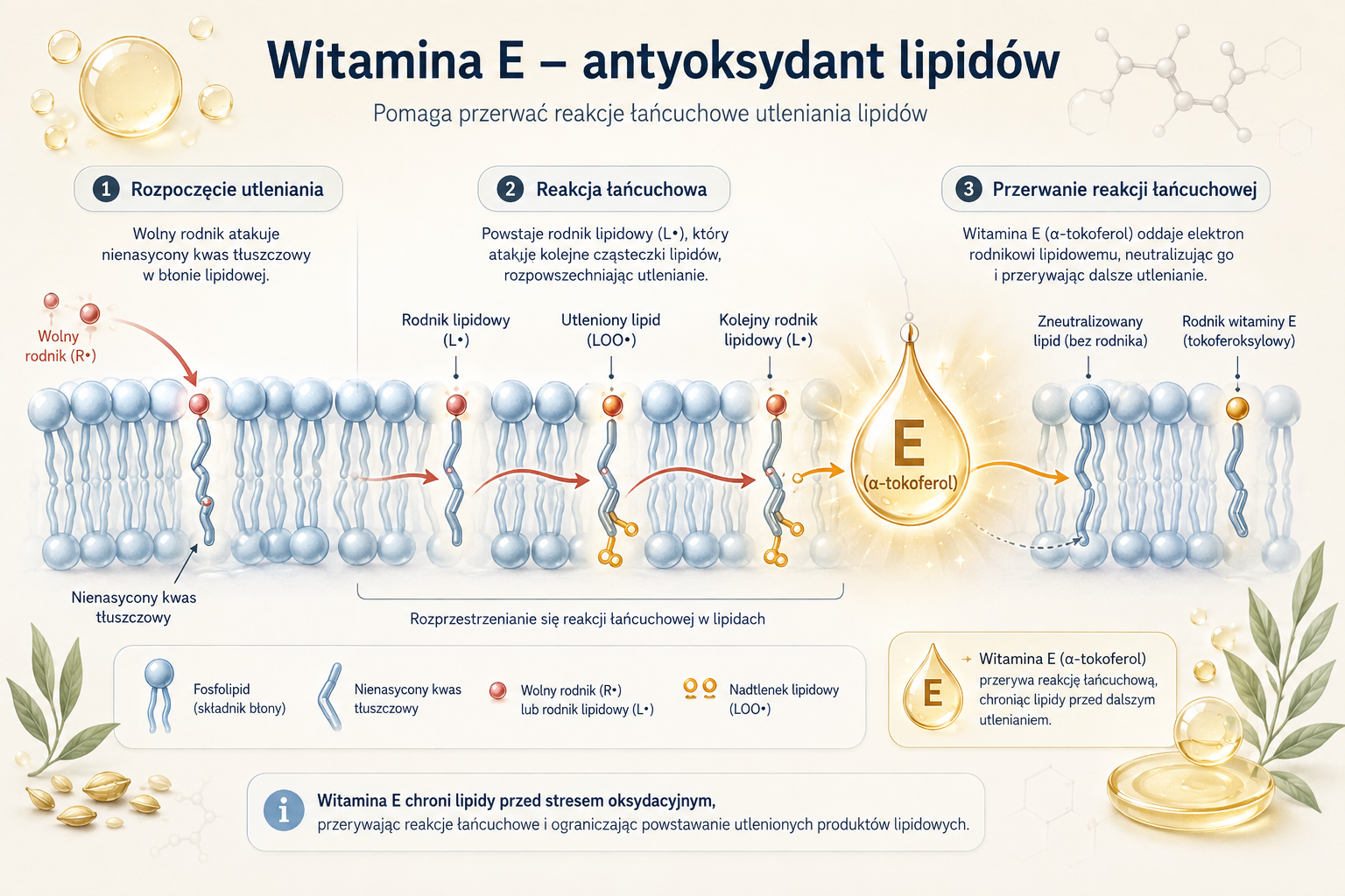 Schemat pokazujący rolę witaminy E w ochronie lipidów przed reakcjami utleniania