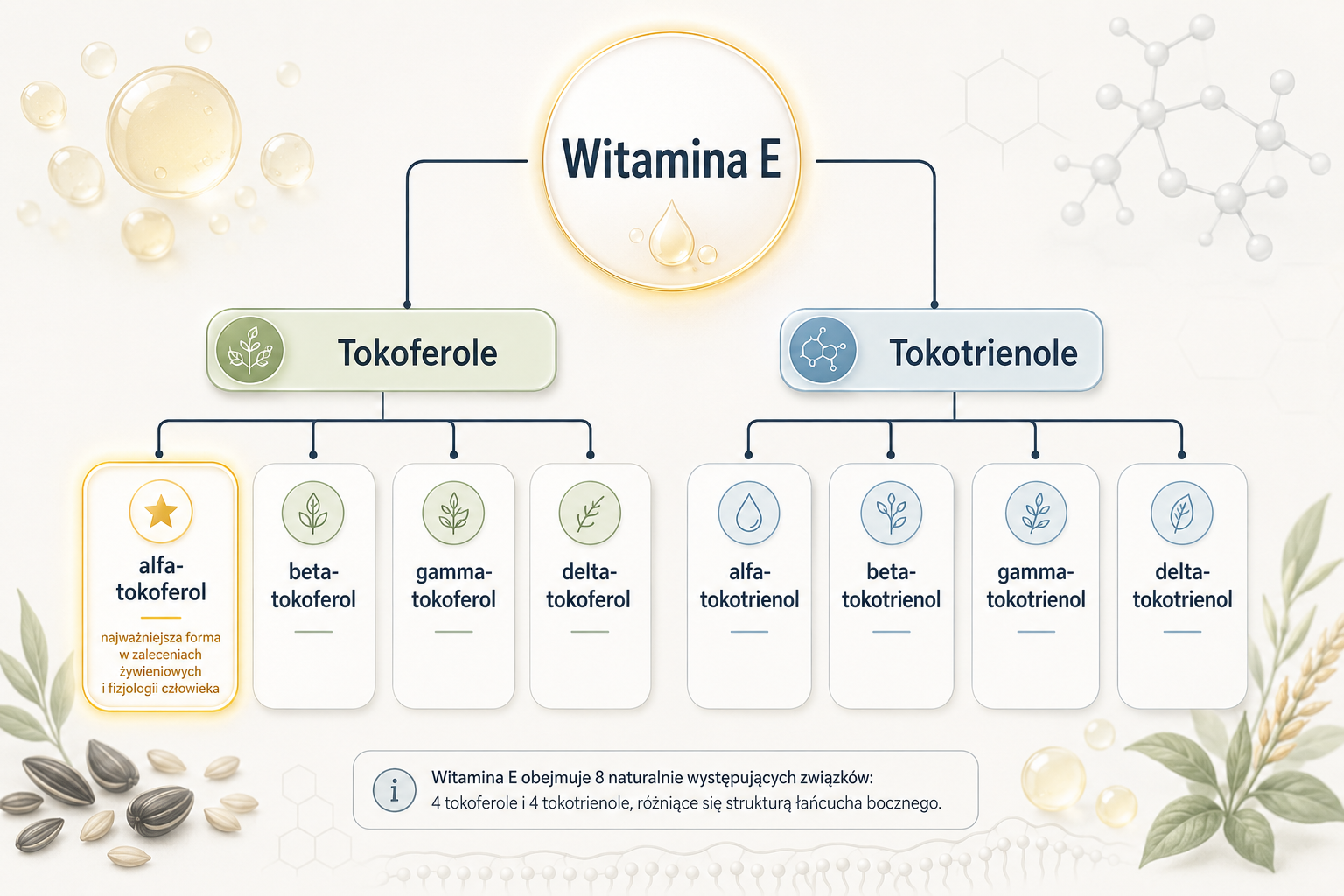 Schemat rodziny witaminy E z tokoferolami i tokotrienolami oraz wyróżnionym alfa-tokoferolem