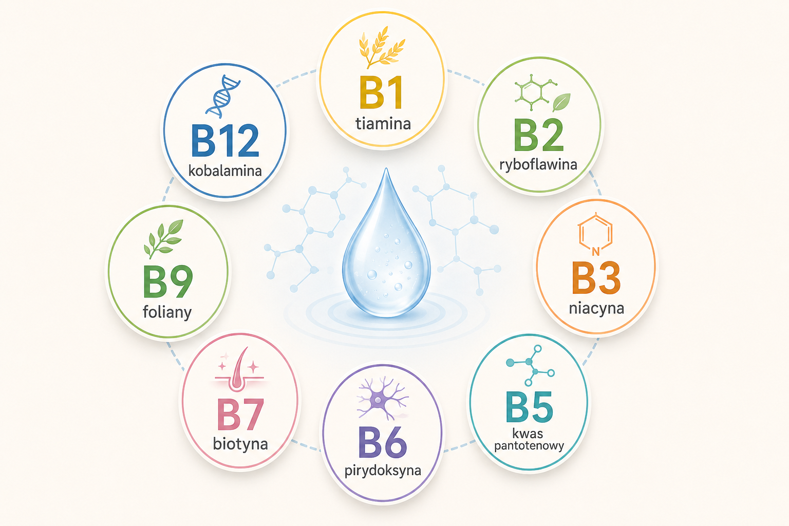 Czytelny schemat przedstawiający osiem witamin: B1 — tiamina, B2 — ryboflawina, B3 — niacyna, B5 — kwas pantotenowy, B6, B7 — biotyna, B9 — foliany i B12 — kobalamina. Bez sugerowania, że wszystkie działają identycznie.